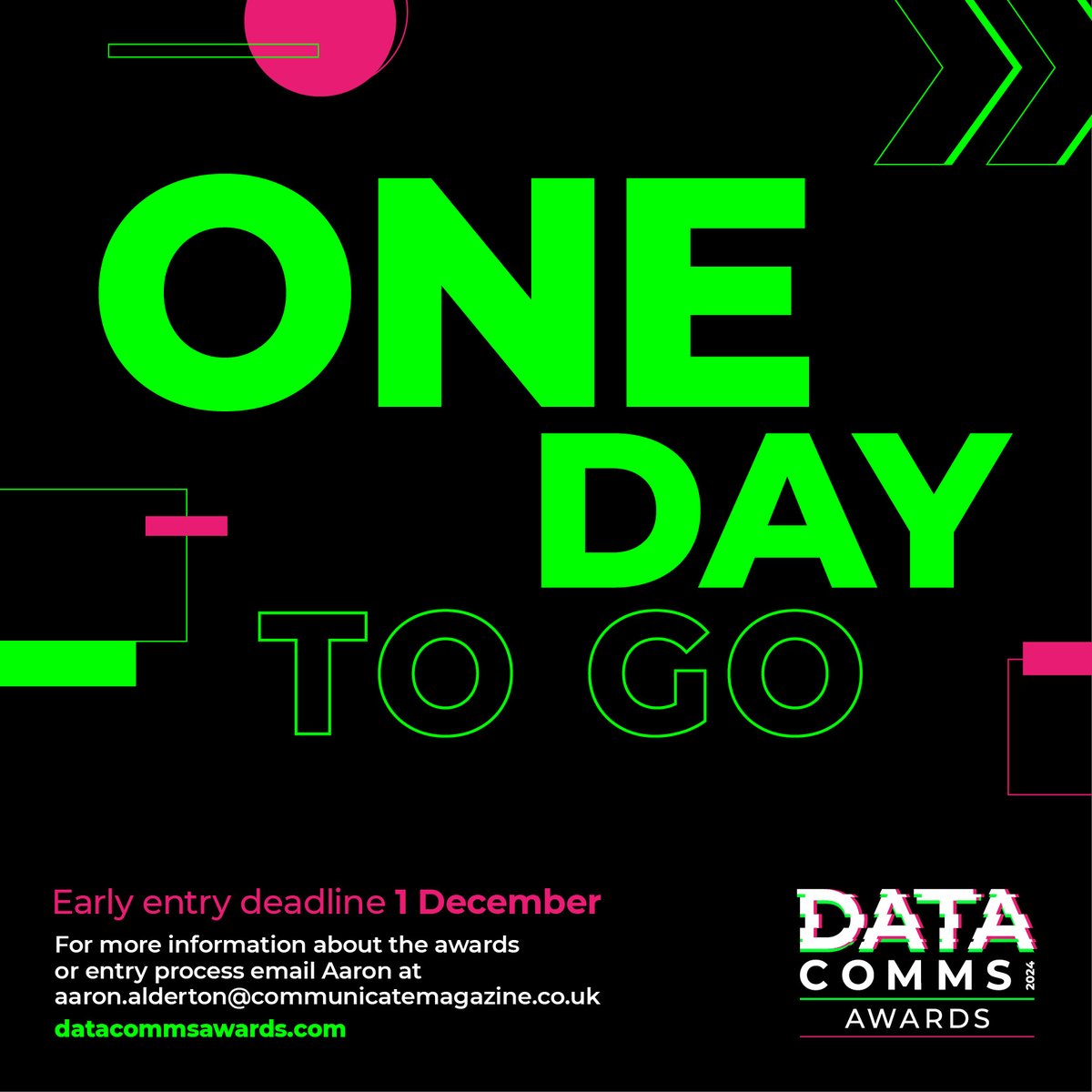 Only one day to go until the early entry deadline for the DataComms Awards! ⏱️
Get your entries in by the early entry deadline to save £100 on your total entry cost! 
Have a question❓
Feel free to get in touch with Aaron at aaron.alderton@communicatemagazine.co.uk   #DataComms