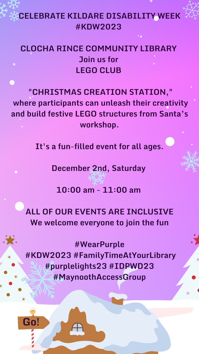 kildarelibrary's tweet photo. "Christmas Creation Station" peeps, make sure to drop in to #ClochaRinceLib this Saturday 2nd December at 10 in the am!
It's LEGO a GO GO for everyone and all ages😀
#KDW2023 #WearPurple #KDW2023 #FamilyTimeAtYourLibrary #purplelights23 #IDPWD23 #MaynoothAccessGroup https://t.co/ju9RFR1cLH