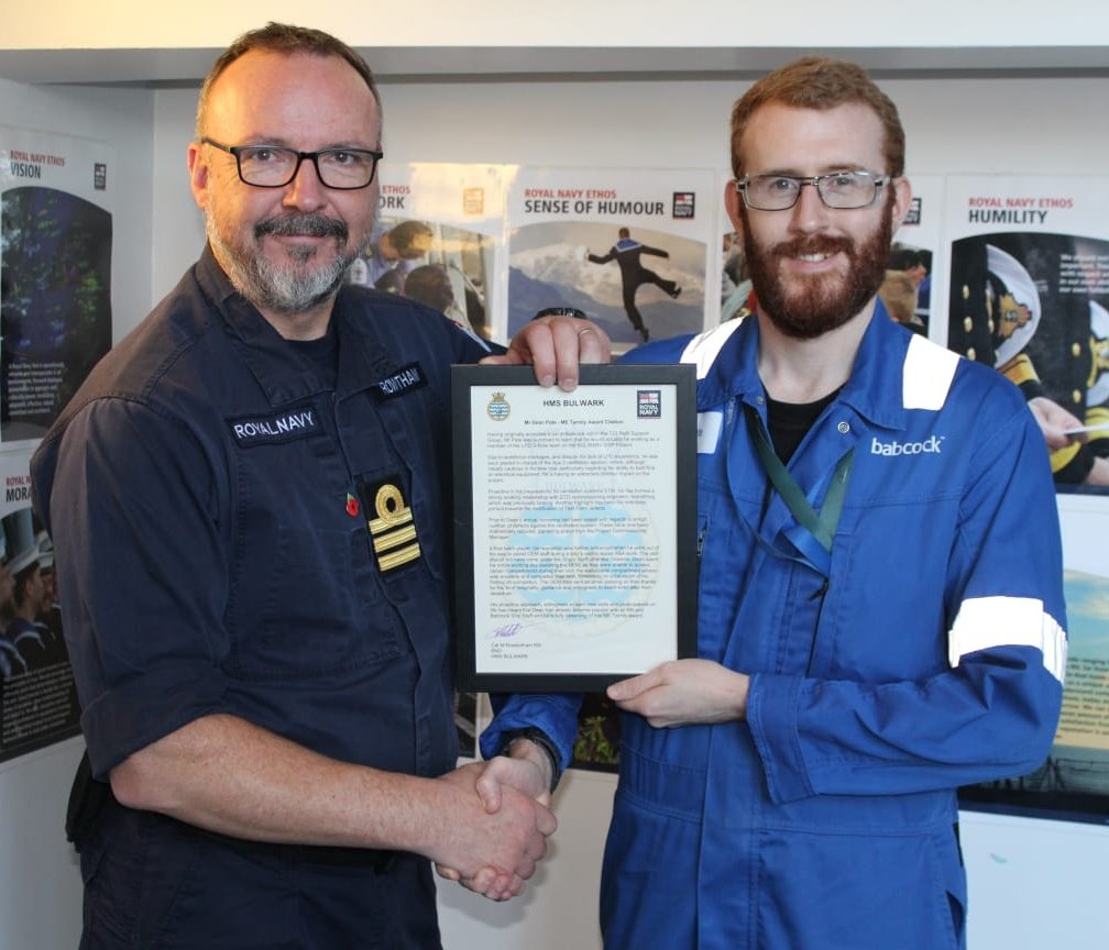 Congratulations to Mr D Pate , who was awarded the Marine Engineering Dept Termly Award by our Senior Naval Officer (SNO). He has been recognised for his versatility, positivity, and fortitude throughout our regeneration. #RecogniseAndReward #TeamBULW