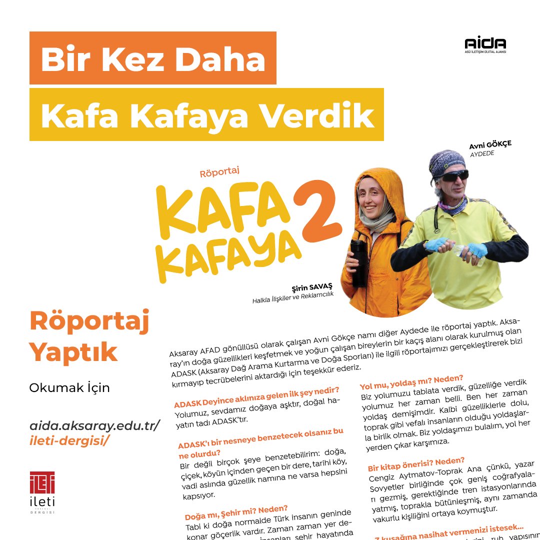Bir kez daha Kafa Kafaya verdik, röportaj yaptık 🤓

Yazan: Şirin Savaş ve <a href="/ADASK68/">Aydede Gökçe</a>

İleti Öğrenci Dergisi'nin ikinci sayısını okumak için web sitemizi ziyaret edebilirsiniz.

<a href="/asiletfa/">ASÜ İletişim Fakültesi</a>
