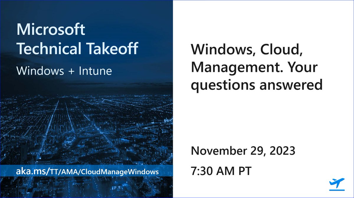 Today I have the pleasure of hosting @JuanitaBaptist3, @JasonSandys, and Deepika in our 1-hour AMA at #TechTakeOff.  Ask us questions and they'll be answered live or in the chat. Or just come by to say hello.
#Windows #MicrosoftIntune #IntuneInspired #MSIntune #CloudManaged