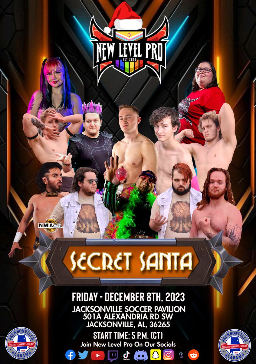🎄 RETURN 🎄

NLP returns to the Jacksonville Community Center’s Soccer Pavilion for “Secret Santa” on Friday, 12/8! 

Come see all your NLP favorites as they compete in mystery “Secret Santa” matches—wrestlers won’t know who their opponent will be until the music hits!