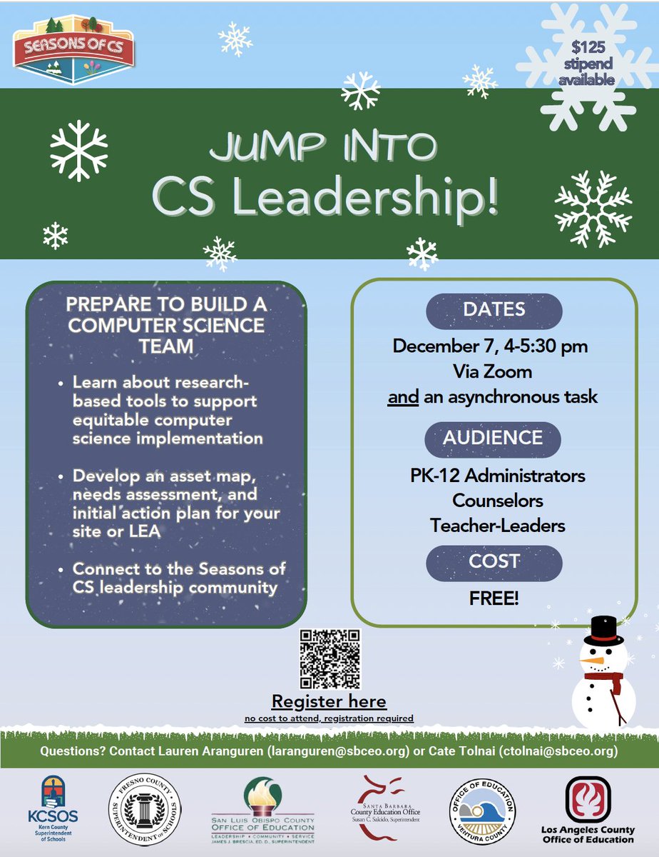 Jump into CS - Leadership! Calling Pk-12 Administrators, Counselors & Teacher-Leaders Explore resources to help you cultivate the Computer Science team your students need. Connect to the #SeasonsofCS community. #CSSuperbloom #CSforCA #ImpactsofComputing bit.ly/LeadCSDec