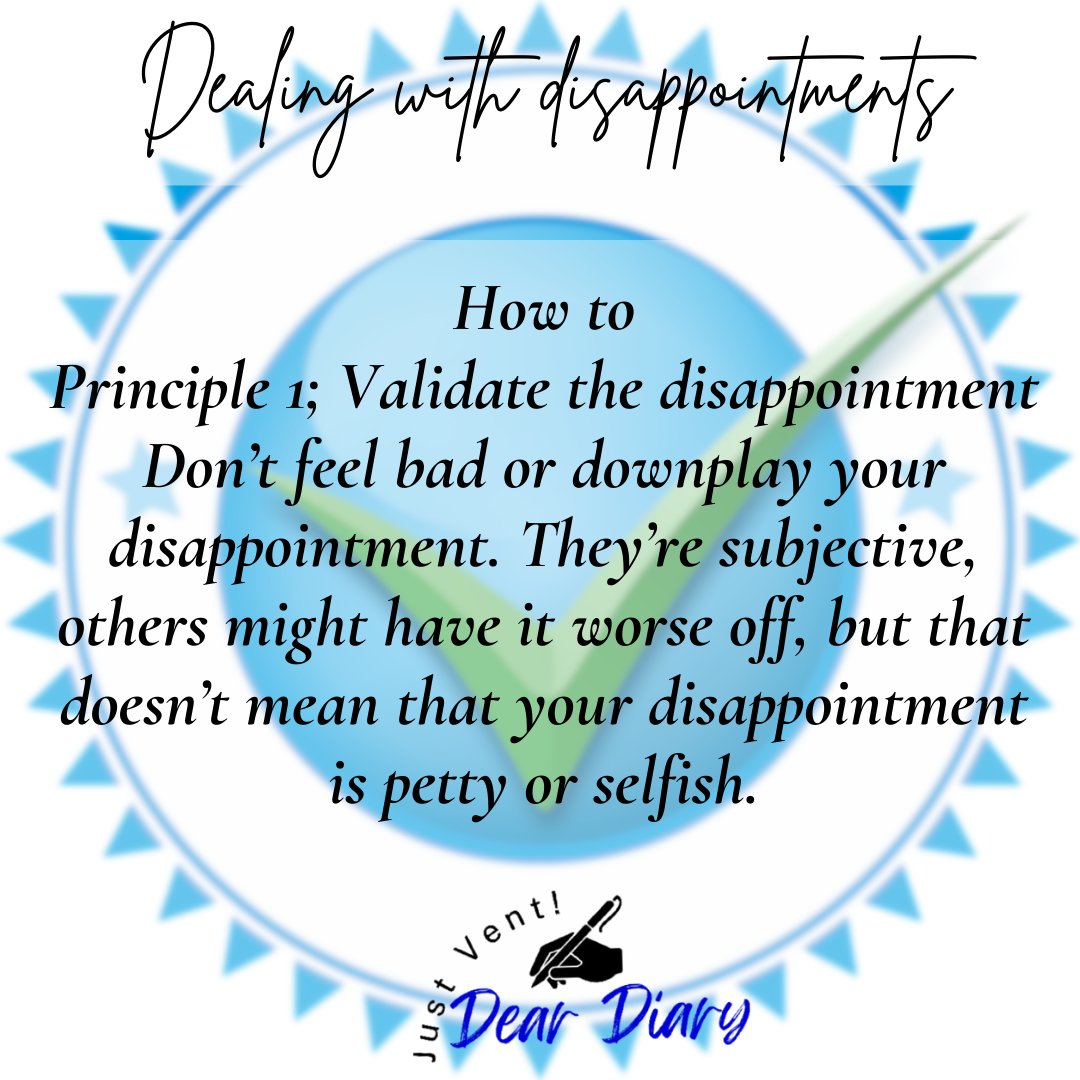 DearDiary_KE's tweet photo. How to deal with disappointments, Validate #day2 #howto #dealingwith #disappointment #deardiaryke #solutions #mentalhealth #mentalhealthawareness #learningaboutmentalhealth #mensmentalhealth #womensmentalhealth #depression #anxiety #ADHD #PTSD #mensmentalhealthmonth #validate https://t.co/oAgRTGkNL2