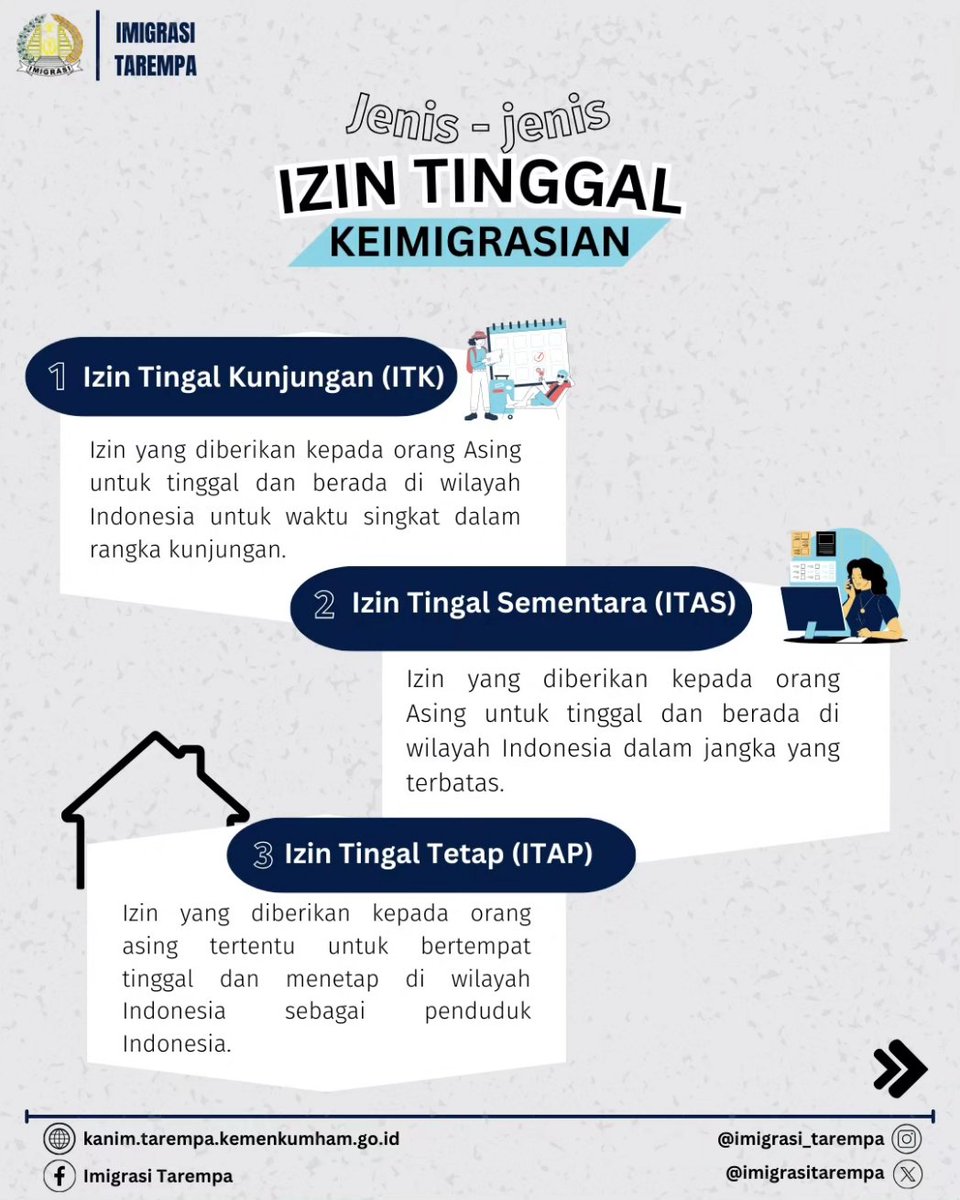 imigrasitarempa's tweet photo. Hallo Sahabat Mido,
Sudah tau belum, apa itu Izin Tinggal Keimigrasian ?
Penasaran ? Simak dan Cermati informasi berikut yaa. 😉😊
#imigrasiindonesia #infoimigrasi #indonesiaimmigration #staypermit #izintinggal https://t.co/0L1BK7IaO5
