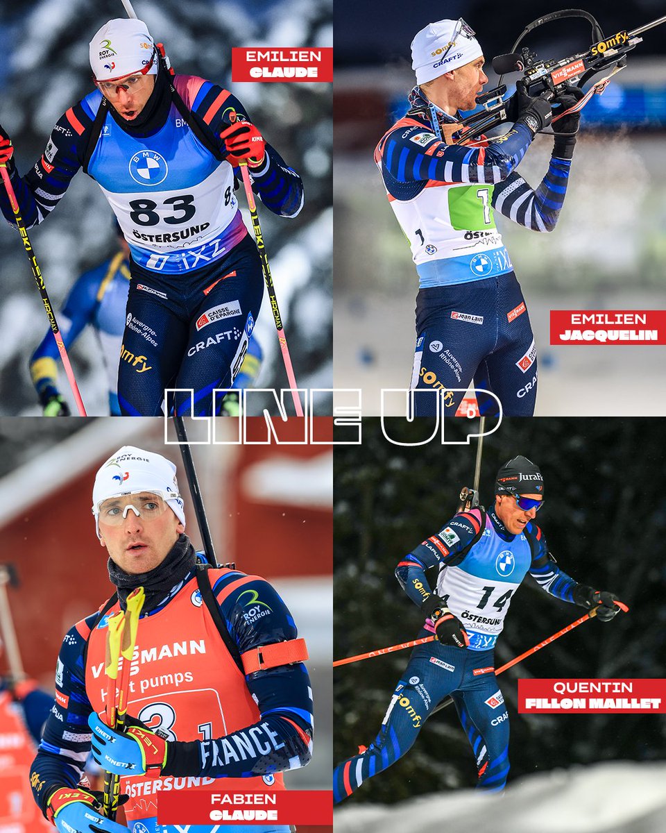 La composition du relais masculin 🇫🇷 qui se déroulera jeudi, 15h20, à Östersund 🇸🇪 1⃣ Emilien Claude 2⃣ Emilien Jacquelin 3⃣ Fabien Claude 4⃣ Quentin Fillon Maillet #AllezLesBleus l #OST23