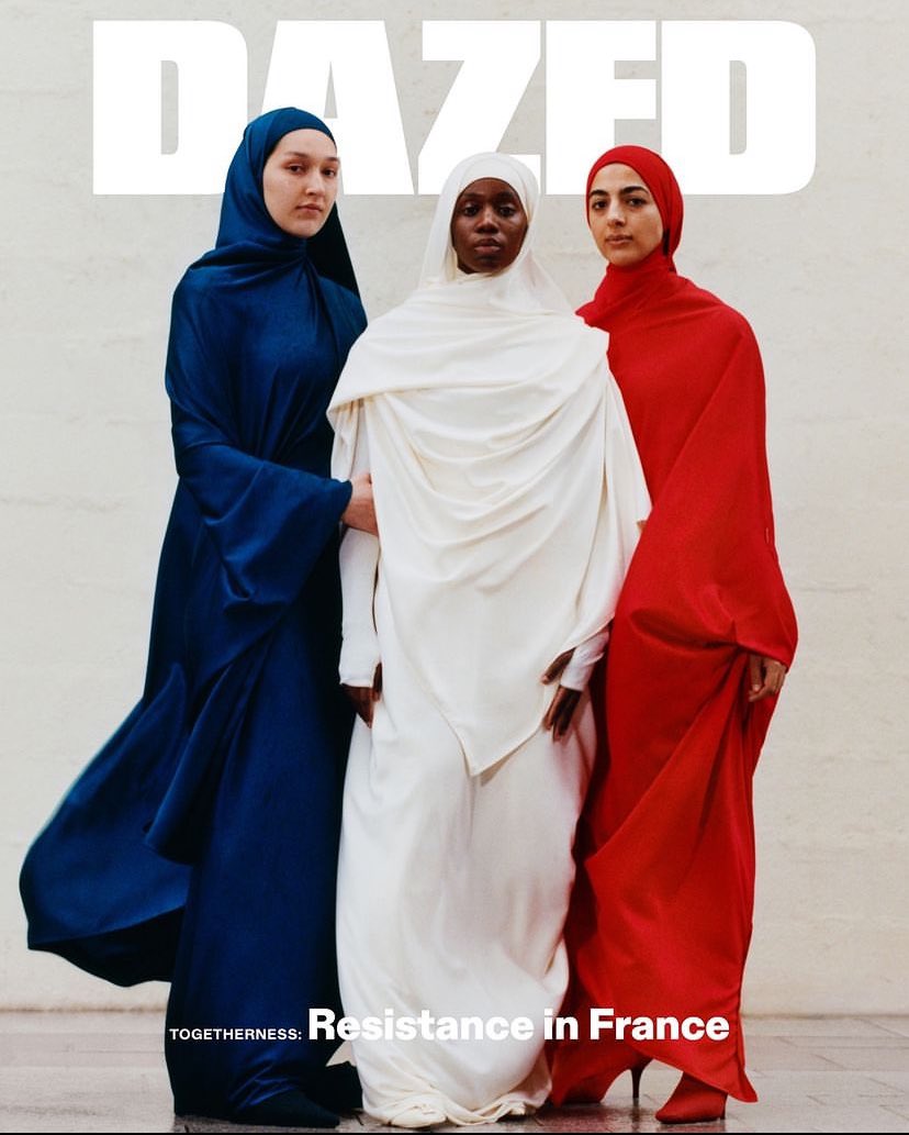 Dazed being absolutely brilliant. If you’re familiar with France or their politics, you know the racism against Muslims. To see these women dressed in the colors of the French flag is so powerful.