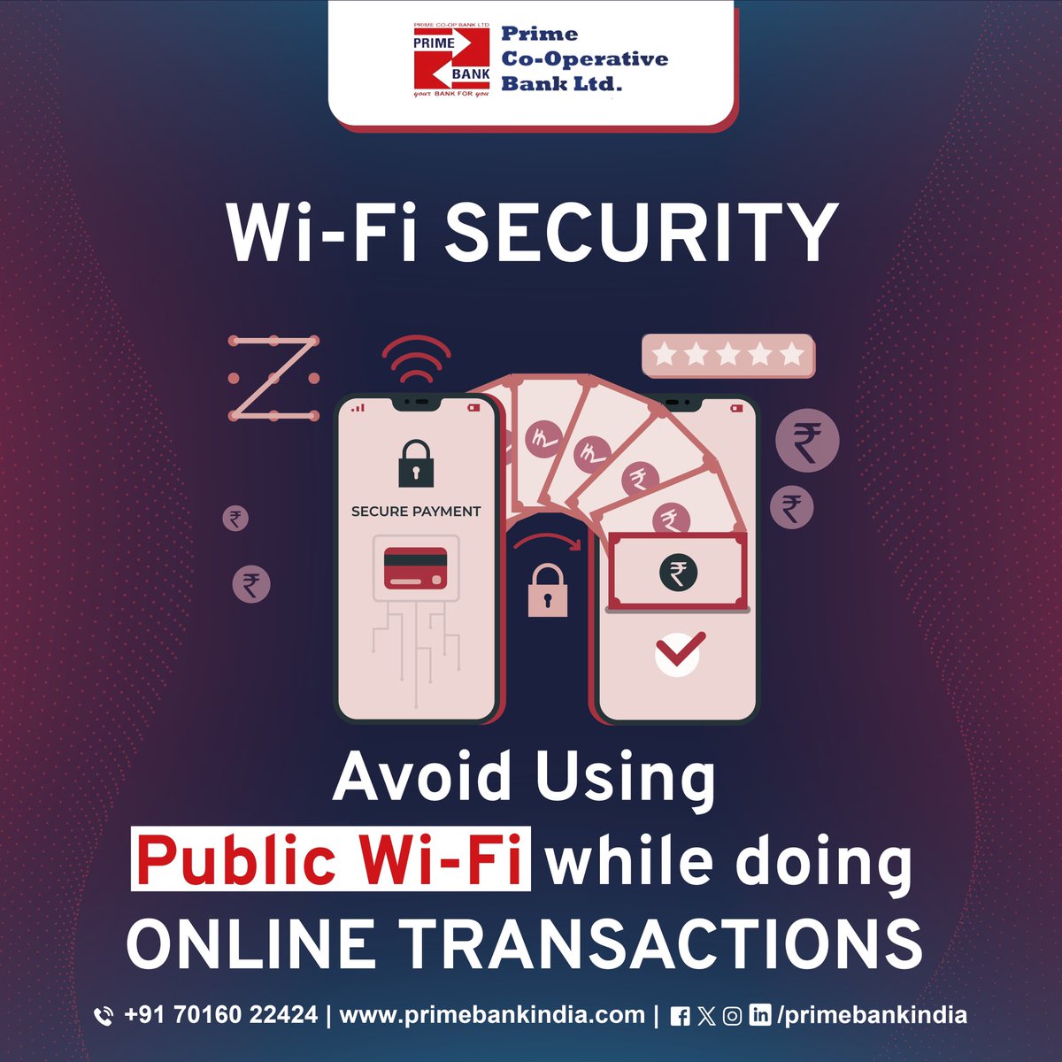 primebankindia's tweet image. Secure your transactions wisely! Avoid public Wi-Fi for financial transactions. Protect your data, safeguard your transactions. 

#CyberSafety #wifi #cubersecurity #awareness #fraud #data #security #primebank