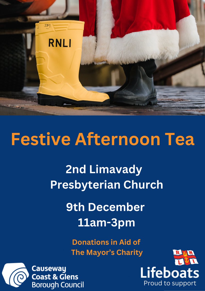 The Mayor would like to invite you to the second of his fundraisers for @RNLI , a Festive Afternoon Tea on December 9th in Second Limavady Presbyterian Church from 11am - 3pm. Read More Here: bit.ly/3QKVR3q