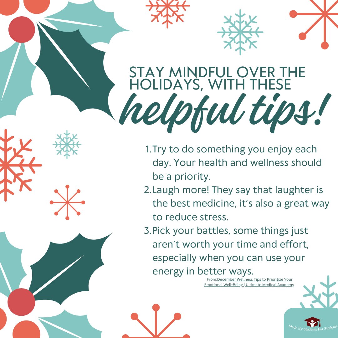 middlebucks's tweet photo. Sarah Garton from our Medical & Health Professions program provided us with this week's “Wellness Wednesdays” and MBIT Intern Emma Danilowicz provided graphics.
#HolidayWellness #MindfulHolidays #WellnessWednesday #HealthFirst #WellnessMatters #madebystudentsforstudents https://t.co/PZvUrJjUir