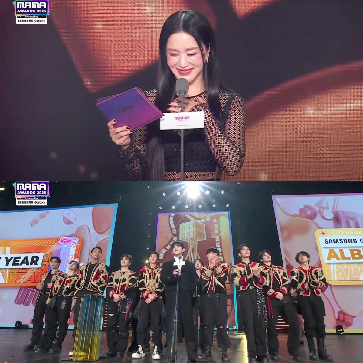 uhm jung hwa who gave seventeen a standing ovation during their appearance on immortal songs in 2018 and now presented them with their album of the year mama award 🥹🤍