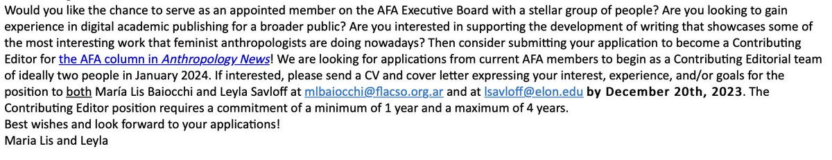 Become a contributing editor for the AFA column in Anthropology News! See call below - wonderful opportunity in the feminist anthropology community