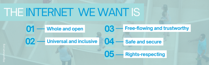 In hun visiedocument definieert het #IGF Leadership Panel the #InternetWeWant als: 1- Whole and open 2- Universal and inclusive 3- Free-flowing and trustworthy 4- Safe and secure 5- Rights-respecting Lees het hele document & geef feedback via 🔗bit.ly/40FmoTd #IGFLP