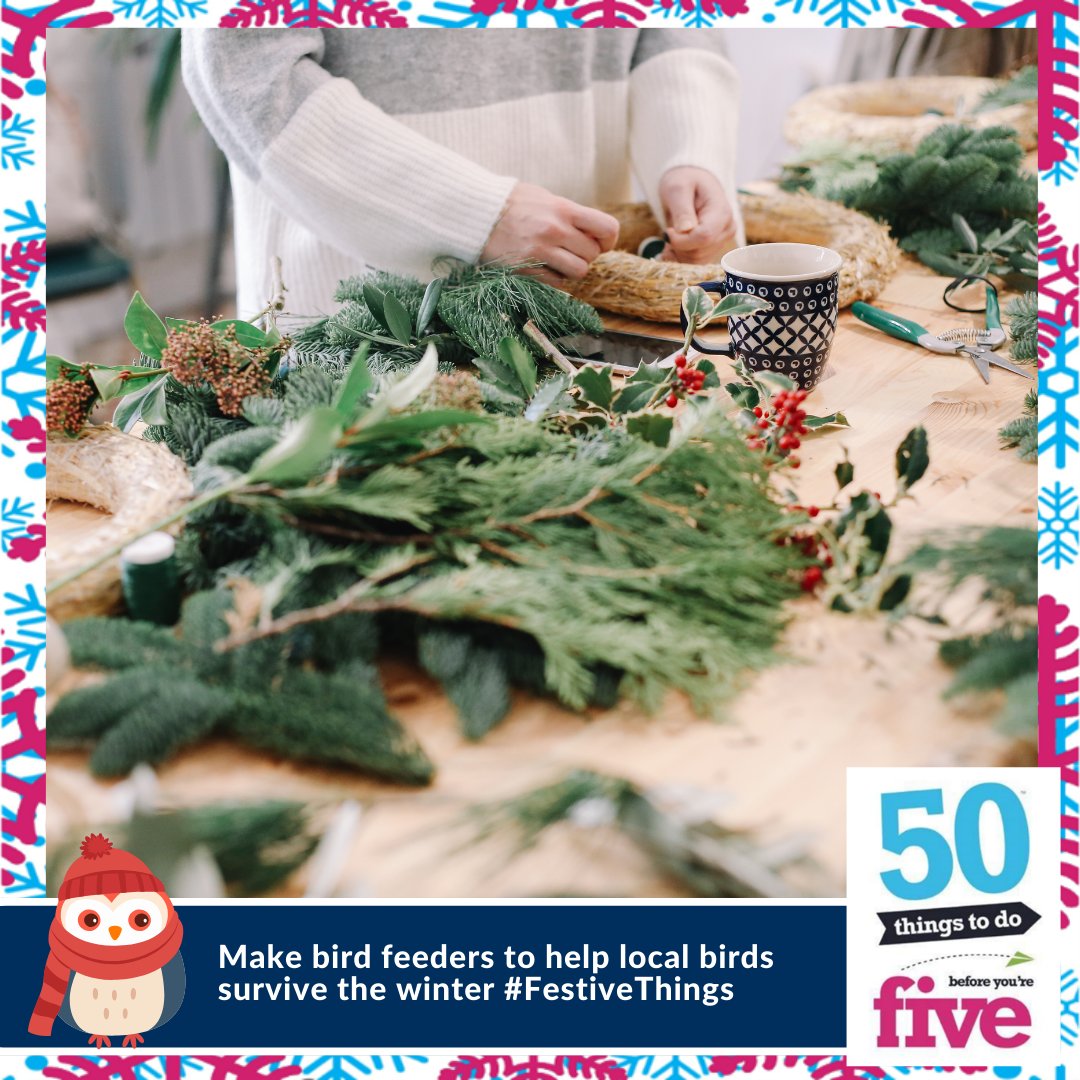 Looking for Animals 🐦 Make bird feeders to help local birds survive the winter. Learn about different birds and their diets. 
Get more ideas with 50 Things to Do Before You're Five bit.ly/FestiveThings
#FestiveThings #Cambridgeshire #BeWinterWise #Peterborough #LearnTogether