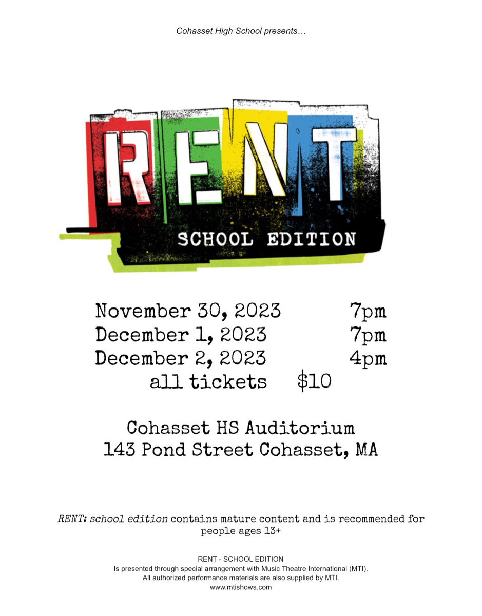 Looking for something to do this weekend? Come see RENT, school edition! Thursday at 7, Friday at 7 or Saturday at 4!