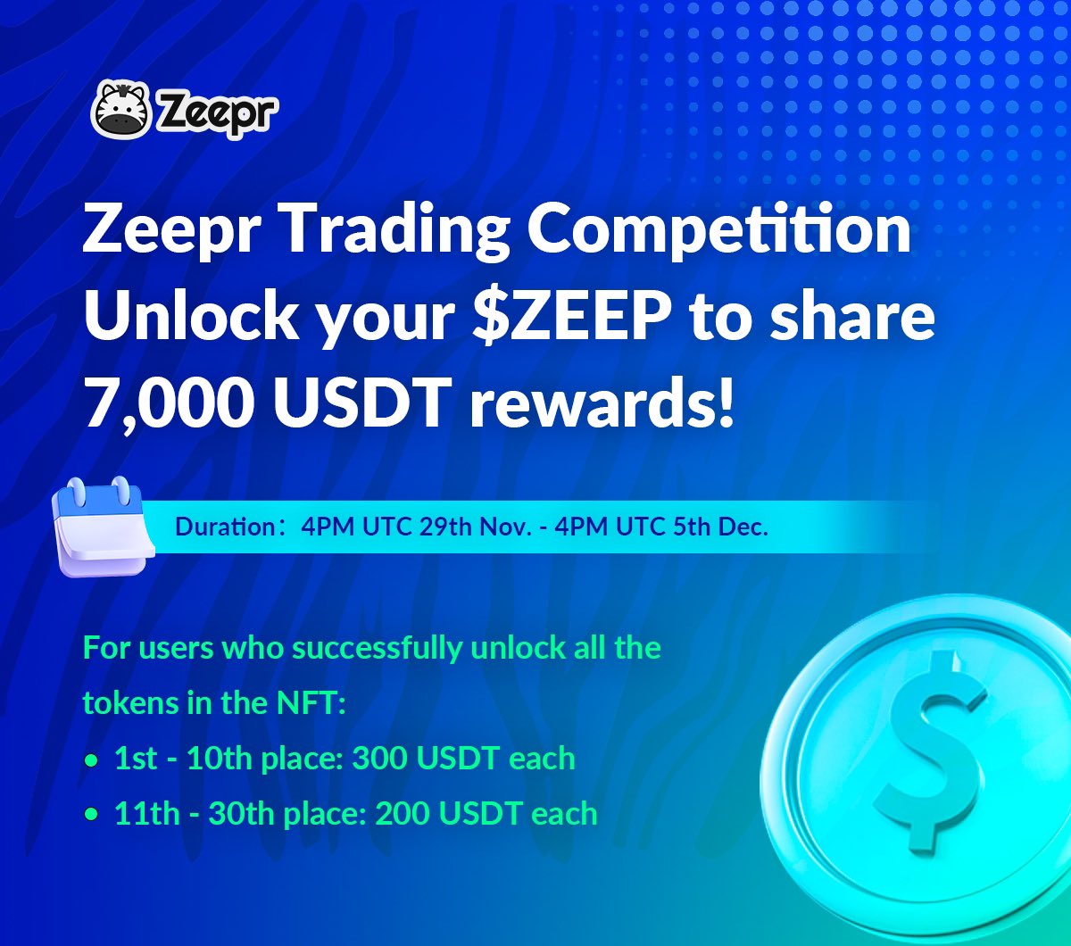 Zeepr_labs's tweet image. Time limited Bonus for NFT holders!

In addition to the rewards for unlocking tokens, we also provide extra bonuses: The top ten individuals who successfully unlock NFTs will receive 300 USDT each, and those ranked from eleven to thirty will receive 200 USDT each.

Start to trade…
