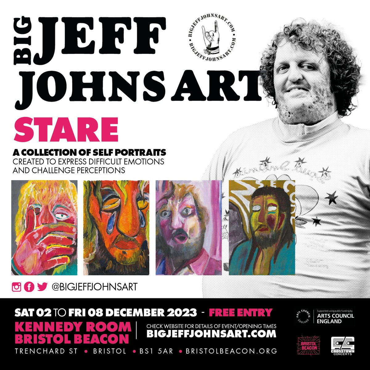 Bristol Beacon (@bristol_beacon) on Twitter photo Created by <a href="/BigJeffJohnsArt/">Big Jeff Johns Art</a>, ‘Stare’ is a collection of self portraits created to express difficult emotions and challenge perceptions👁️
Coming to Kennedy Room, located in the Lower Ground Floor of Bridgehouse Thu 30 Nov - Fri 8 Dec.
More info: bit.ly/3RlZ8H2 Created by <a href="/BigJeffJohnsArt/">Big Jeff Johns Art</a>, ‘Stare’ is a collection of self portraits created to express difficult emotions and challenge perceptions👁️
Coming to Kennedy Room, located in the Lower Ground Floor of Bridgehouse Thu 30 Nov - Fri 8 Dec.
More info: bit.ly/3RlZ8H2