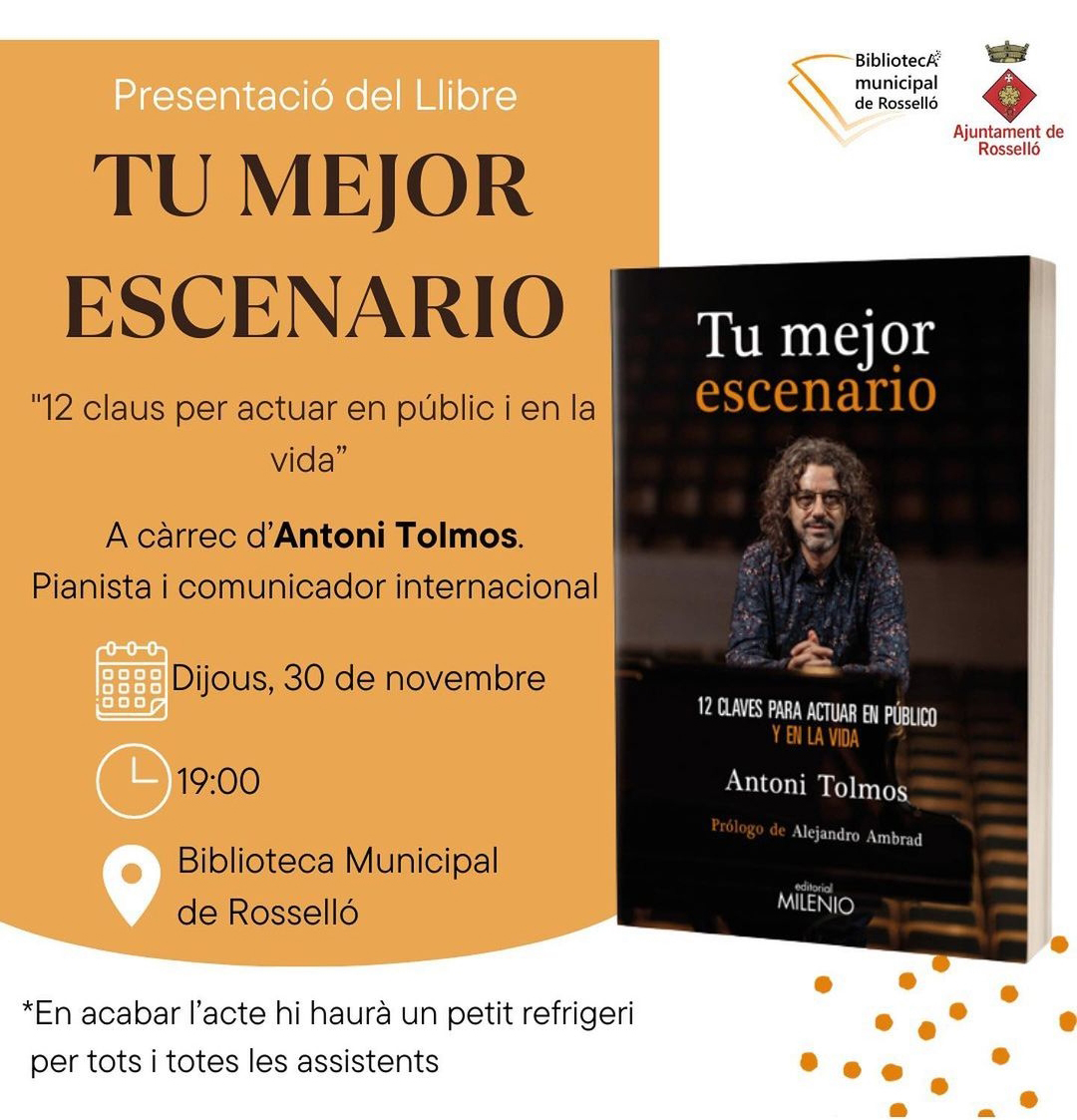 ¿Quieres saber como actuar y comunicarte de manera efectiva en público y en la vida?
Pues el pianista y comunicador <a href="/AntoniTolmos/">Antoni Tolmos</a> te ofrece doce claves para conseguirlo. Mañana presenta su libro en #Roselló. 

📍A las 19 h, en <a href="/bibliorossello/">Biblioteca Municipal de Rosselló</a>