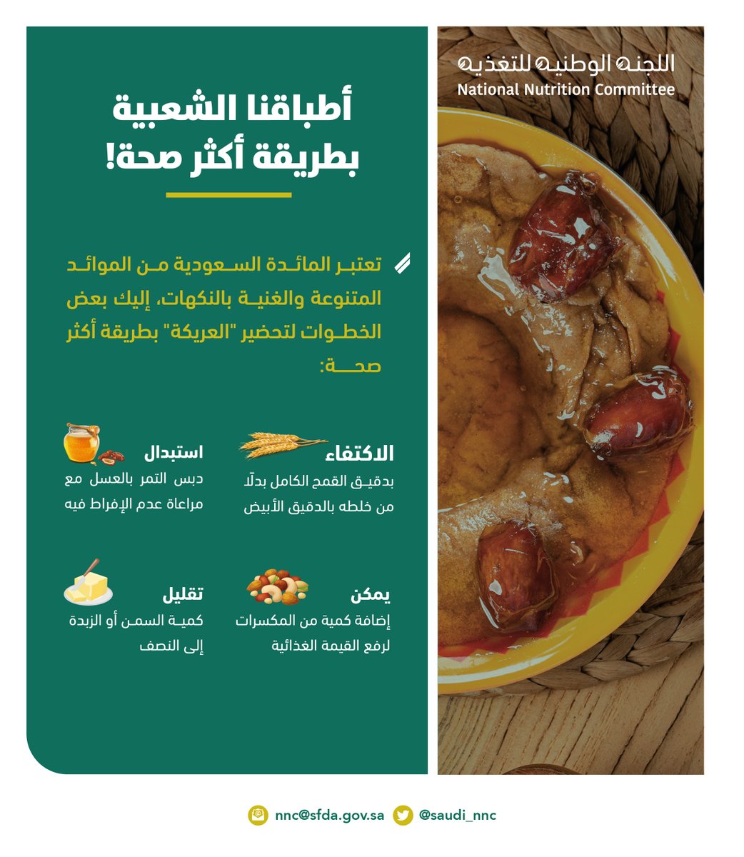 تتميز الأكلات الشعبية بتنوعها ونكهاتها الغنية, وتغيير بعض الخطوات البسيطة في تحضيرها يجعلها أكثر صحة.
#المطبخ_الشتوي
#اللجنة_الوطنية_للتغذية