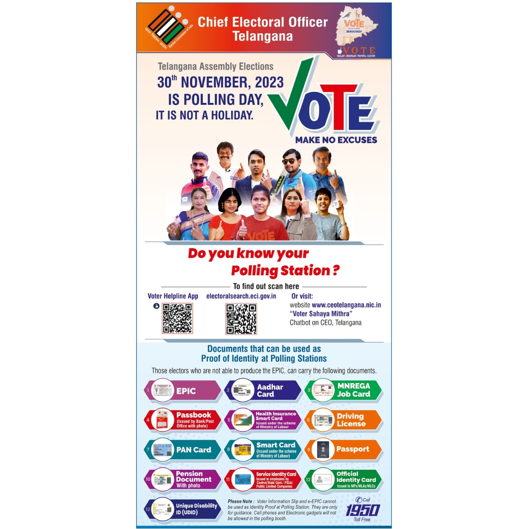 Chief Electoral Officer Telangana (@ceo_telangana) on Twitter photo Do you know your Polling Station?
Telangana Assembly Elections 30th November 2023 is Polling Day, It is not a holiday.
#CEOTelangana #ECISVEEP #ECI #ecispokesperson #TelanganaElections2023 #VoteForSure #votenow
<a href="/ECISVEEP/">Election Commission of India</a> <a href="/SpokespersonECI/">Spokesperson ECI</a> Do you know your Polling Station?
Telangana Assembly Elections 30th November 2023 is Polling Day, It is not a holiday.
#CEOTelangana #ECISVEEP #ECI #ecispokesperson #TelanganaElections2023 #VoteForSure #votenow
<a href="/ECISVEEP/">Election Commission of India</a> <a href="/SpokespersonECI/">Spokesperson ECI</a>