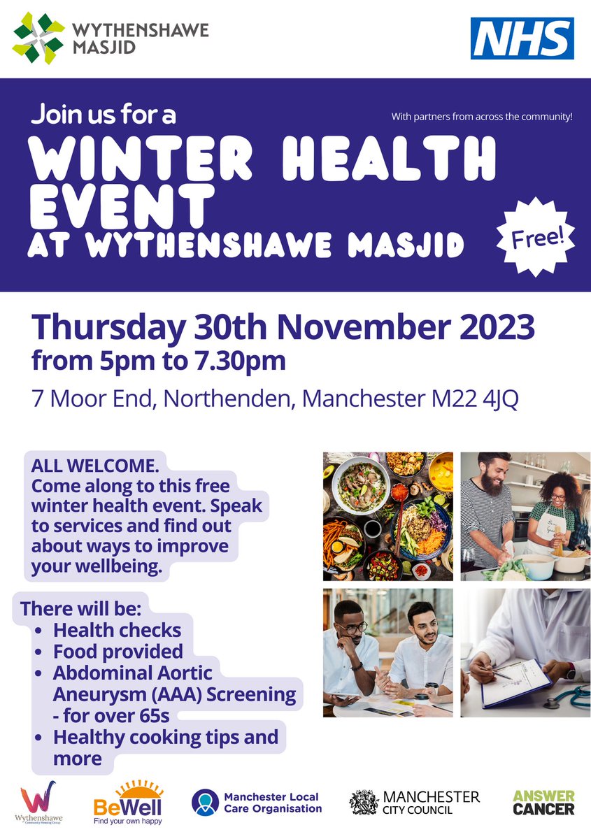 Please join us tomorrow evening (30/11) for a 🆓 Winter Health Event with health checks, cooking tips, hot food &amp; more 💪

🗓️ Thursday 30th November
🕔 5:00pm to 7:30pm
📍 Wythenshawe Masjid, 7 Moor End, Northenden, Wythenshawe, Manchester M22 4JQ

💙 ALL WELCOME! <a href="/MCCWythenshawe/">MCC Wythenshawe</a>