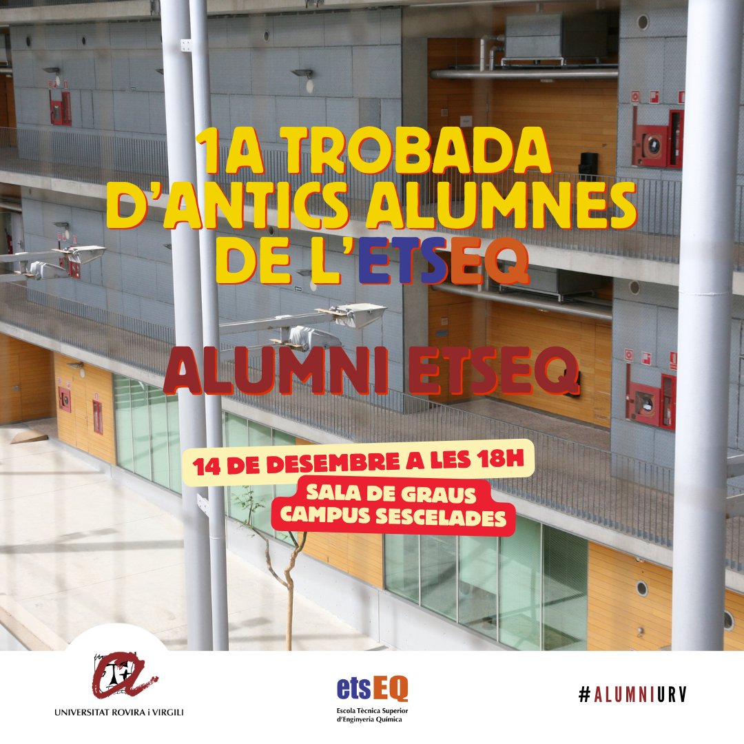 🗣️ Us convidem a la 1ra trobada Alumni de l’ETSEQ, una ocasió excepcional per fer networking i on s‘anunciaran les properes activitats previstes amb els i les alumni del centre.

🔜 14/12 a les 18h
📍 Sala de Graus (Campus Sescelades)

➡️ Inscriu-t'hi! shre.ink/TUop