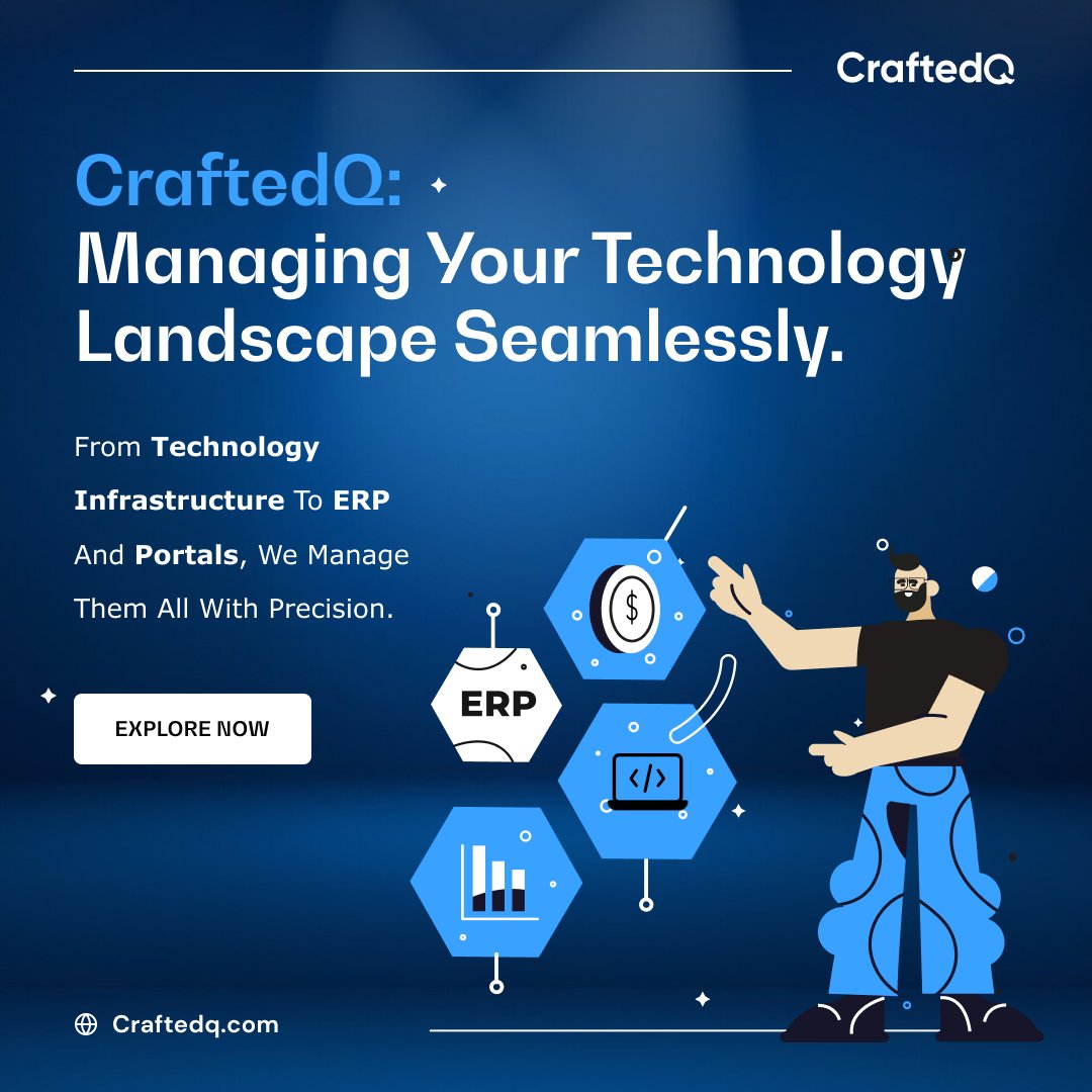 'CraftedQ is your go-to partner for managing the entire #technology landscape seamlessly. From Technology Infrastructure to ERP and portals, we've got it covered. #TechManagement #Innovation'
'Discover the expertise of #CraftedQ in managing diverse aspects of technology.  #Tech