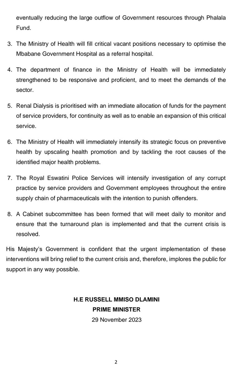 RussellMDlamini's tweet photo. [Government Statement]: I am pleased to announce to the Nation the following steps Government is taking to resolve the prevailing health crisis triggered by the shortage of drugs in the public health system. https://t.co/uB2OSOWwx5