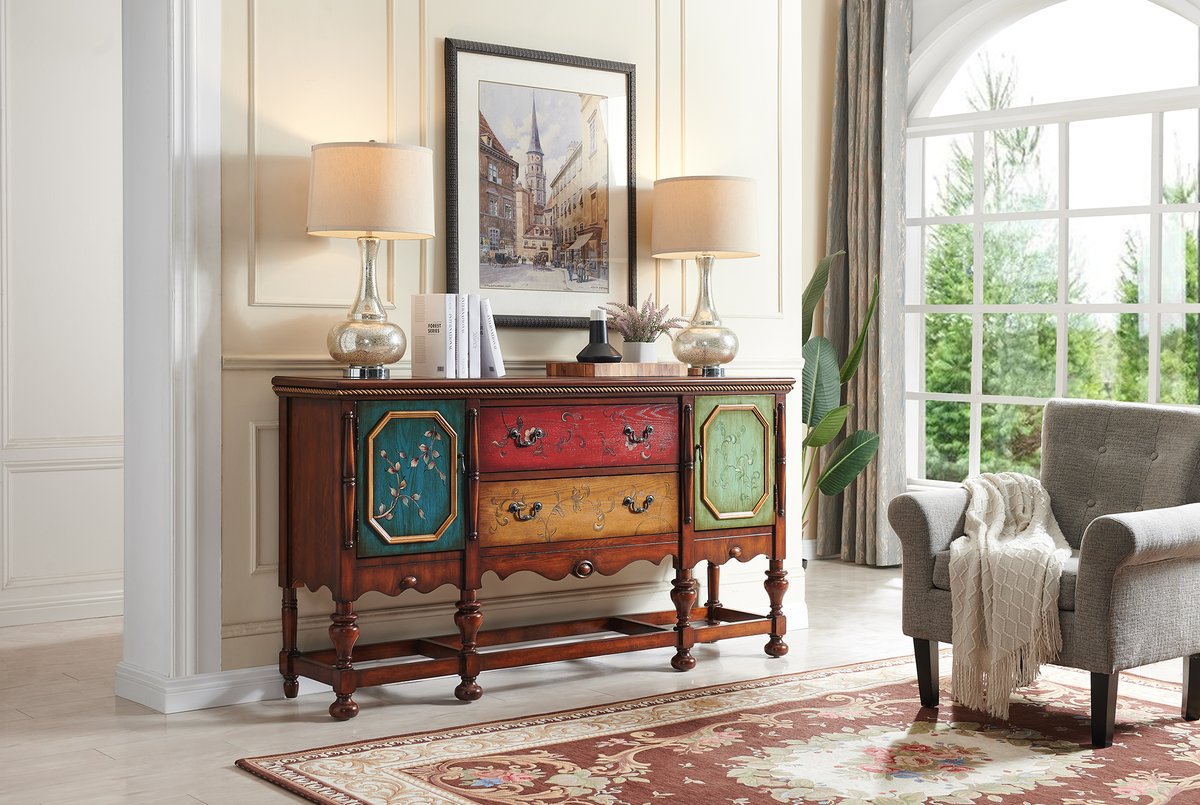 The unique hand painted floral design of this console cabinet will fit perfectly in your living room. #handpainted #furnituremaker #livingroom #bedroom #classicfurniture #consolecabinet #cabinet #