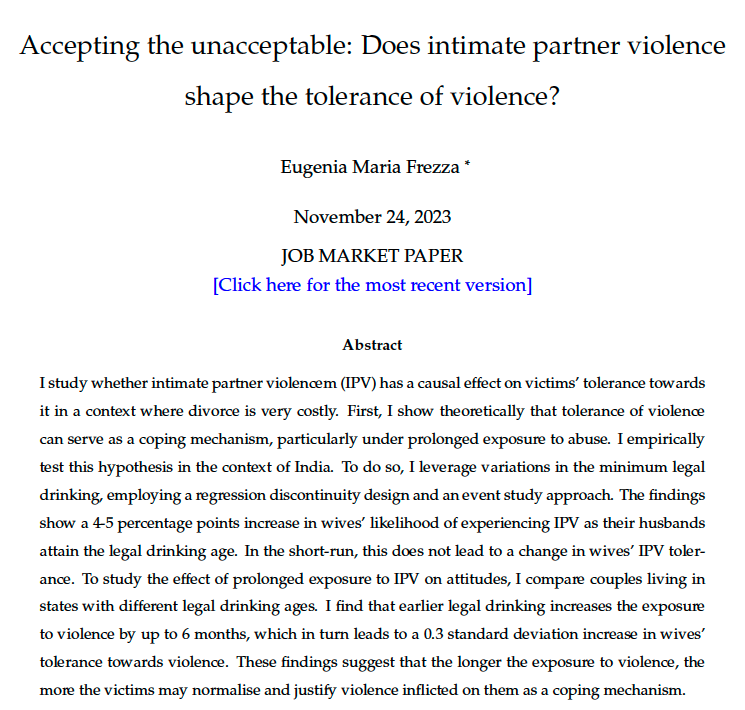 Is tolerance of violence a coping mechanism for victims and survivors of Intimate Partner Violence (IPV)? I answer this question in my #JMP. Below a 🧵 #EconJobMarket @tcdeconomics