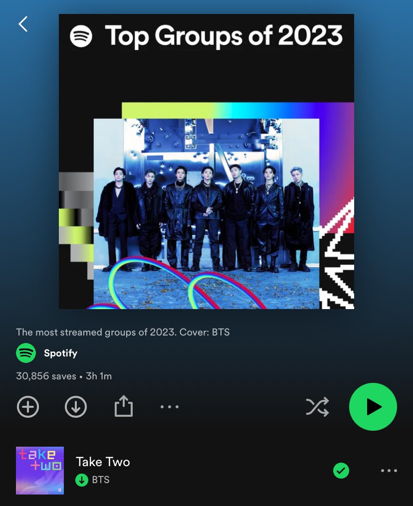 btschartmaster's tweet photo. .@BTS_twt "Take Two" ranked at #1 on the Spotify's Top Group of 2023 #SpotifyWrapped https://t.co/9gP4drEXXm