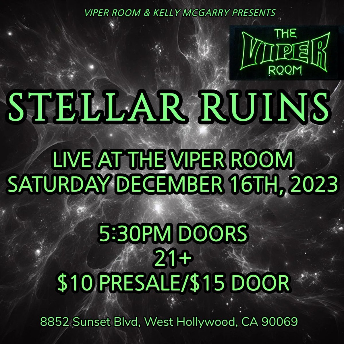 STELLAR RUINS (@stellarruins) on Twitter photo Thrilled to announce that we're returning to LA to play <a href="/theVIPERroom/">The Viper Room</a> in just a few weeks on Saturday December 16th to close out the year! Discounted pre-sale tix available now - shoot us a DM and we'll set you up! πποΈ #theviperroom #livemusic Thrilled to announce that we're returning to LA to play <a href="/theVIPERroom/">The Viper Room</a> in just a few weeks on Saturday December 16th to close out the year! Discounted pre-sale tix available now - shoot us a DM and we'll set you up! πποΈ #theviperroom #livemusic