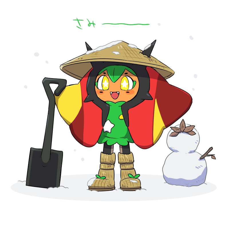 shovel solo fangs snow hat snowman yellow eyes  illustration images