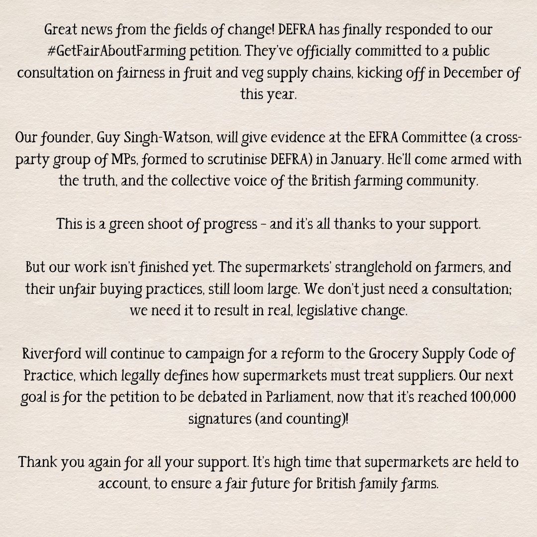 We've had a significant update on our #GetFairAboutFarming campaign with a response from DEFRA. Thank you to all who signed and shared our petition - and please keep doing it; the more signatures we have, the greater the impact. This is just the start. (getfairaboutfarming.co.uk)