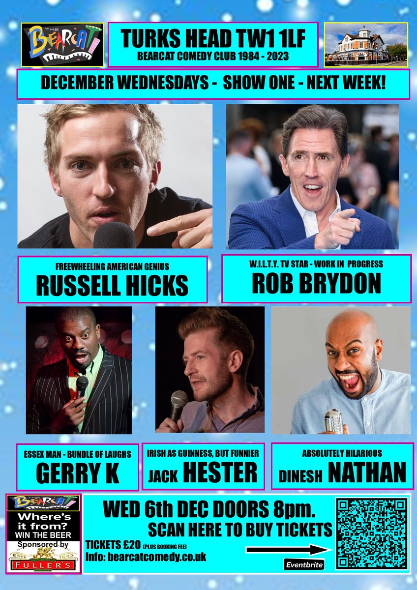 Well here's a lovely surprise for you! @RobBrydon joins the lineup for our first December Wednesday show on 6th Dece,ber To join ROB BRYDON, @russellhickss @GerryKcomic @dineshnathancom and Jack Hester, click below or use QR code bearcatcomedy.co.uk Thank you 🐻🐱❤️