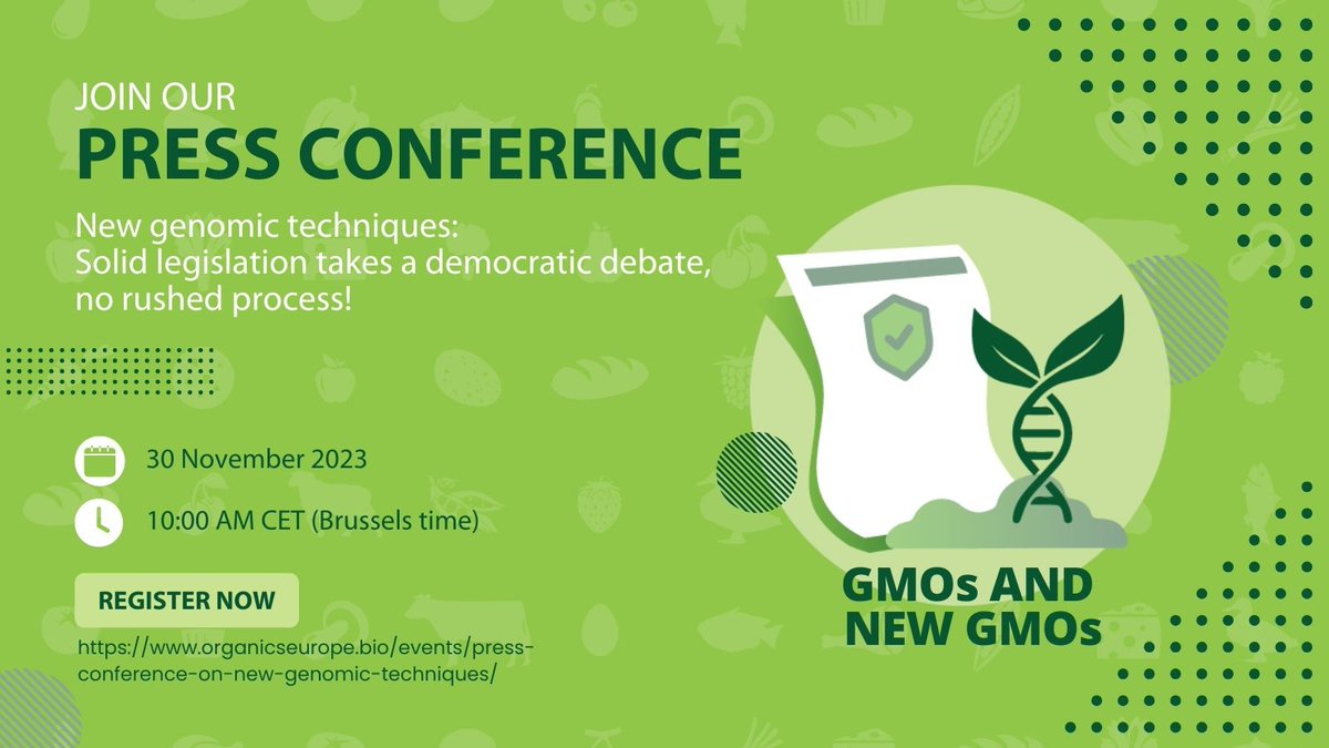 Tmrw, 30 November, 10AM, join our press conference on the legislative proposal on so-called “New Genomic Techniques” #NGTs. A must if you're covering food, patents, #GMOs & B2B developments! Register now & learn what’s at stake for 🇪🇺 #GMOFree food system. ow.ly/4COX50QcpGF