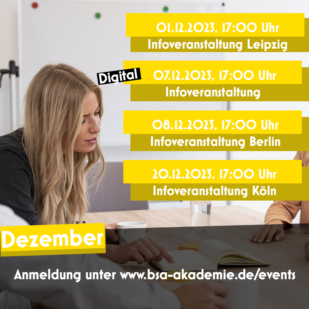 Infoveranstaltungen im #Dezember📅

Im Rahmen der Infoveranstaltungen besteht die Möglichkeit, sich einen ersten Eindruck der BSA-Akademie zu verschaffen und sich über unsere Qualifikationen zu informieren 📚🎓

bsa-akademie.de/events