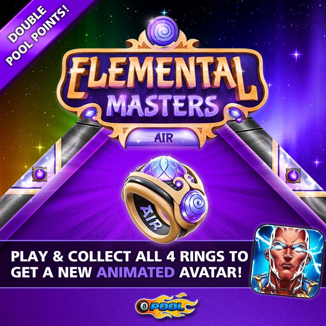 8ballpool's tweet image. The NEW #ElementalMasters Air Table is here, with Double #PoolPoints &amp;amp; an epic #RingQuest event! 💨 🎱

More Info » mcgam.es/tvDbjr

Can you win all four elemental Rings to unlock the event-exclusive Animated Avatar? 🎁 🎱

#8BallPool
