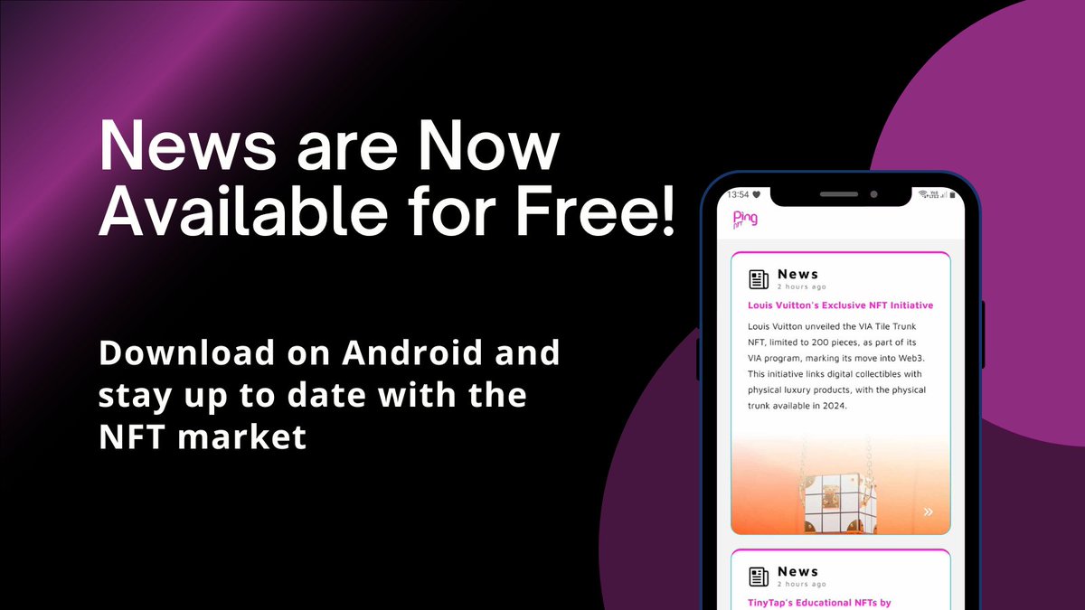 NFTPing_'s tweet image. Exciting news!

We are making the News tab available for free on the NFT Ping App!

Android ✅
iOS 🔜

Get summaries of the most important news from the NFT market on a regular basis!

You also get a 7-day trial of the full version of the app along with Pings from NFT projects!