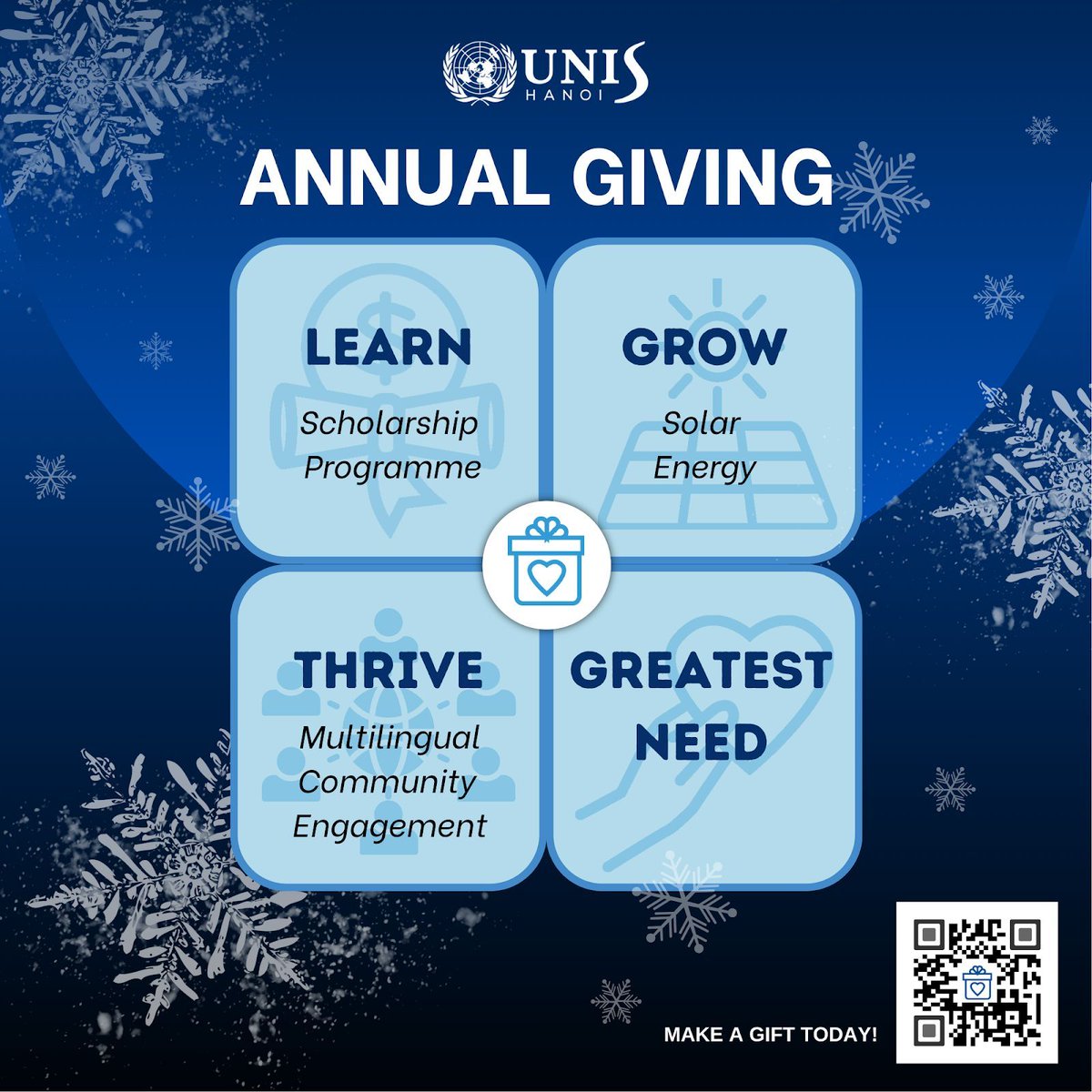 Giving spirit is in the air! 🎉 Visit our booth at Winterfest this Friday to enjoy some treats, learn more about annual giving at UNIS, and make your gift to create lasting impact on our school, our students and the world around us. 📚👨‍🎓🌿 💌 👉 buff.ly/3JAwTh4