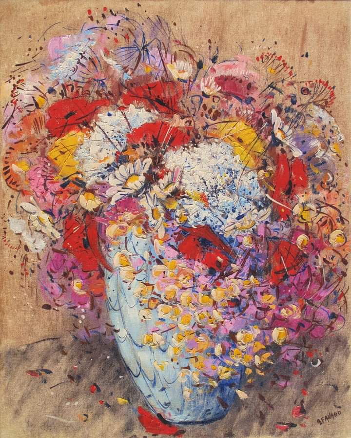 Un mio dipinto ad olio su tela ruvida datato 1995, 'Vaso con fiori di campo', cm 40x50. Opera pubblicata.