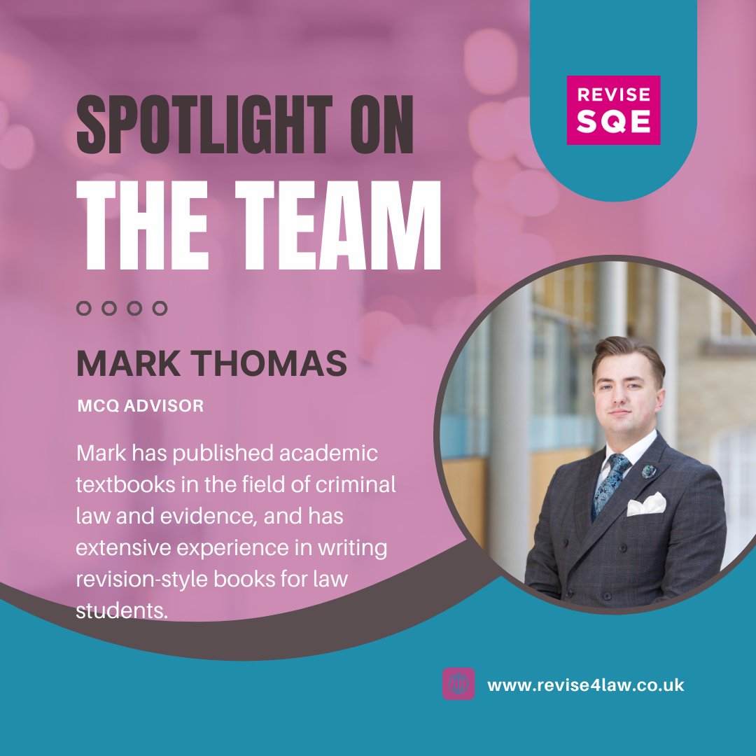 Revise SQE (@revisesqe) on Twitter photo Spotlight on the ReviseSQE team
Meet Mark, MCQ Advisor
Mark Thomas has taught law for several years at both undergraduate and postgraduate levels, including the Legal Practice Course (LPC).
<a href="/MThomas_CrimLaw/">Mark Thomas</a>
#ReviseSQE #SQE1 Spotlight on the ReviseSQE team
Meet Mark, MCQ Advisor
Mark Thomas has taught law for several years at both undergraduate and postgraduate levels, including the Legal Practice Course (LPC).
<a href="/MThomas_CrimLaw/">Mark Thomas</a>
#ReviseSQE #SQE1