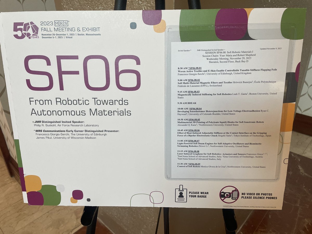 3 MORE Mornings to go at SF06! Herb Shea @EPFL_en and @LabPikul were our two invited speakers yesterday afternoon, transitioning to our Soft Robotic Materials session with invited talks from Francesco Giorgio-Serchi, Ryan Hayward and @monicagroup!