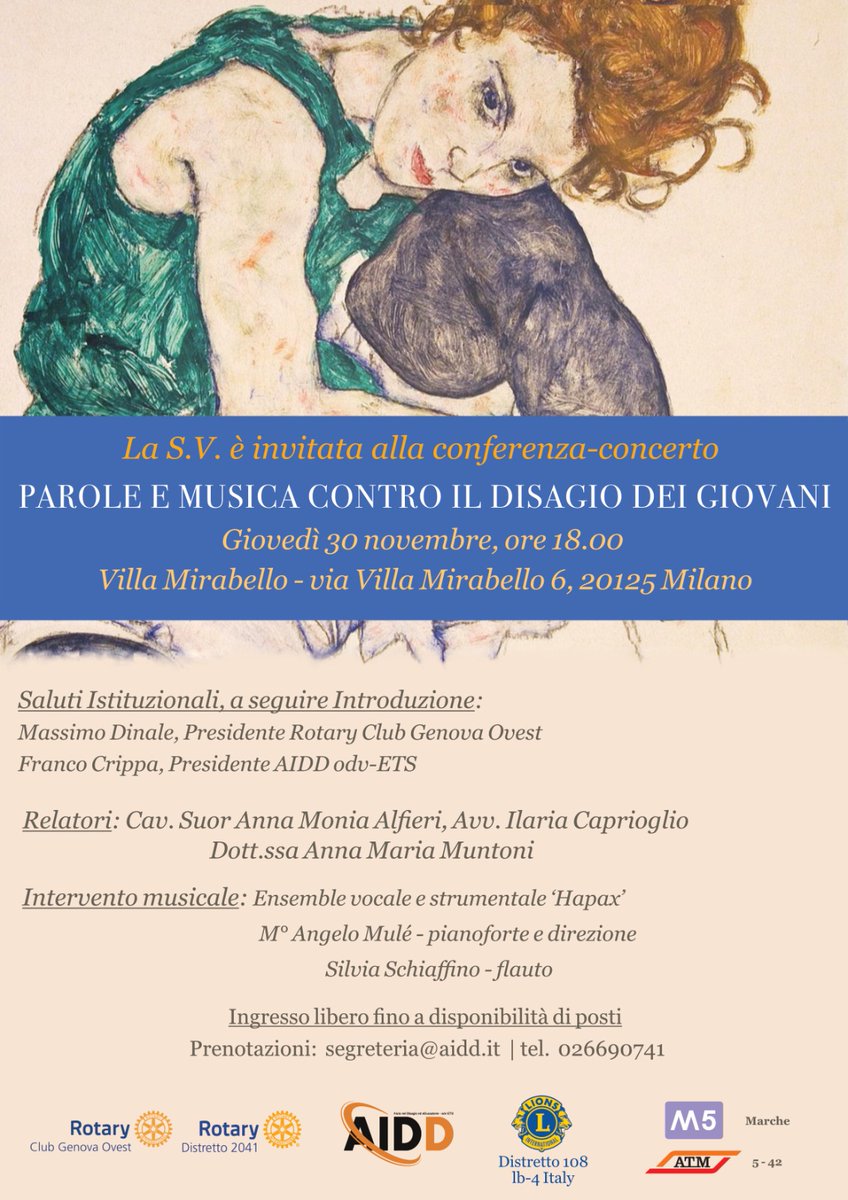 Giovedì 30 novembre alle ore 18.00, presso Villa Mirabello a Milano, un nuovo appuntamento della conferenza-concerto "Parole e musica contro il disagio dei giovani".
Vi aspettiamo!

#365giornirispetto
