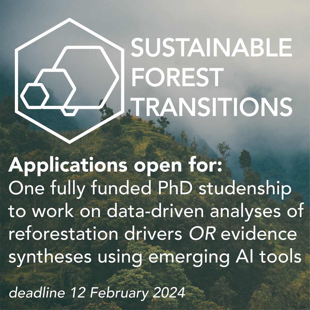 🚨Interested in #ForestRestoration, #Data, #CausalInference and/OR #EvidenceSynthesis? Consider applying for this #PHD studentship with our  #SustainableForestTransitions team. The position is fully funded and open to international students. For more info tinyurl.com/yxsafn79