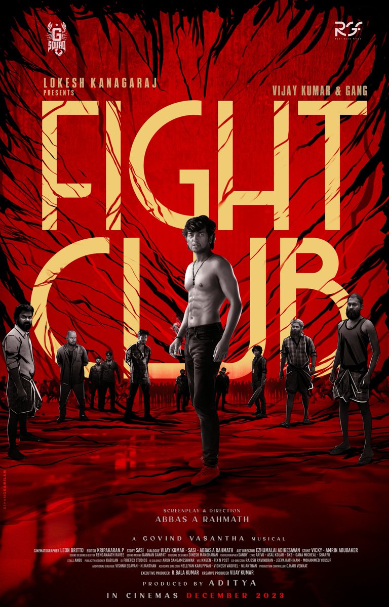 StudioFlicks's tweet photo. Here is the most awaited First Look of #FightClub, Starring @Vijay_B_Kumar &amp; Gang ❤‍🔥

Presented by @Dir_Lokesh's @GSquadOffl 
Produced by @reelgood_adi @reel_good_films 
Directed by @Abbas_A_Rahmath
Music By #GovindVasantha 

#RGF01 #FightClubFirstLook https://t.co/ESSq2TLCfH