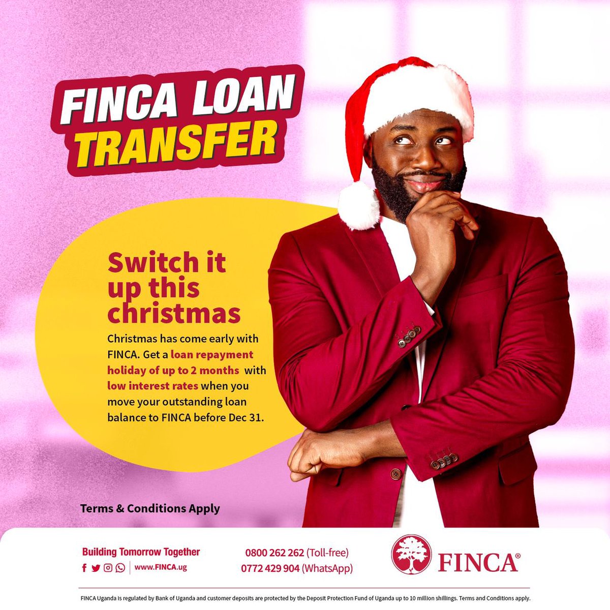 saufah_'s tweet image. Transfer your loan above Ugx.20,000,000 from another institution to  @FINCA_Uganda before December 31 and get 2 months repayment Holiday.

#BalanceTransfer
#TomorrowIsHere