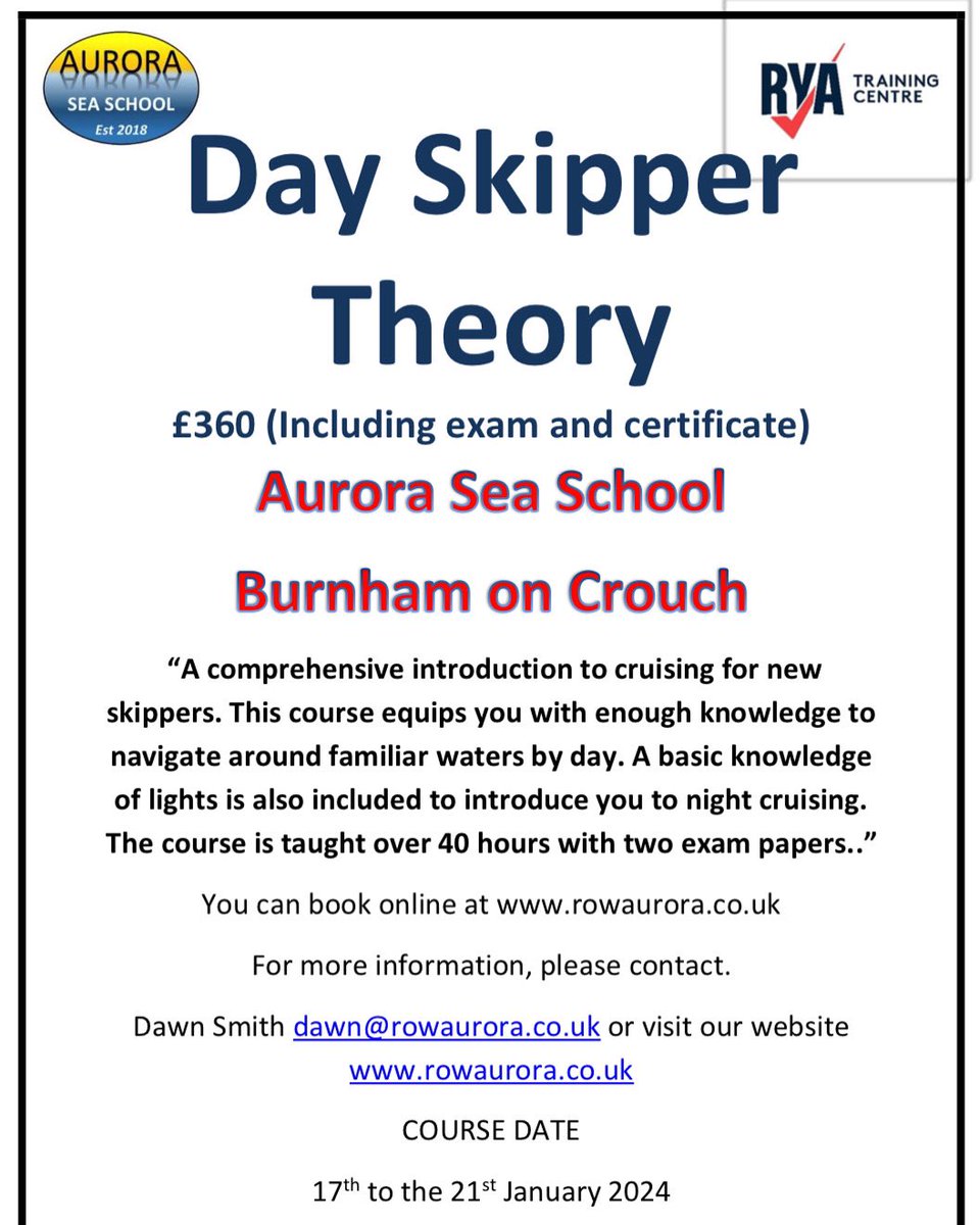 💫💫💫New course dates added 💫💫💫
Day skipper theory course 17th until 21st January 2024. This is a classroom course but it can also be taken online. 
Don’t forget we also have power boat courses, radio courses, first aid, navigation and much more. #boating