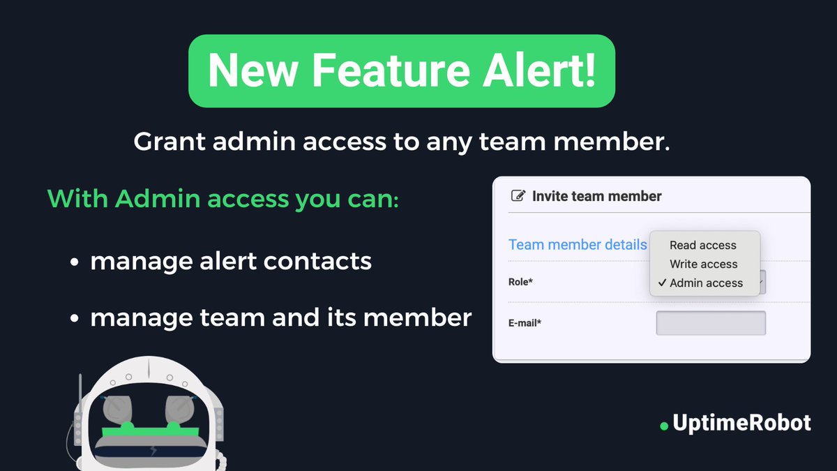 🚀 New at UptimeRobot: “Admin” Role for Sub-Users! Grant admin access to any team member & get: - Full Alert Contact Mgmt: All Admins can handle alert settings for the team. - Enhanced Team Control: Easily invite, assign roles, & manage team members. uptimerobot.com