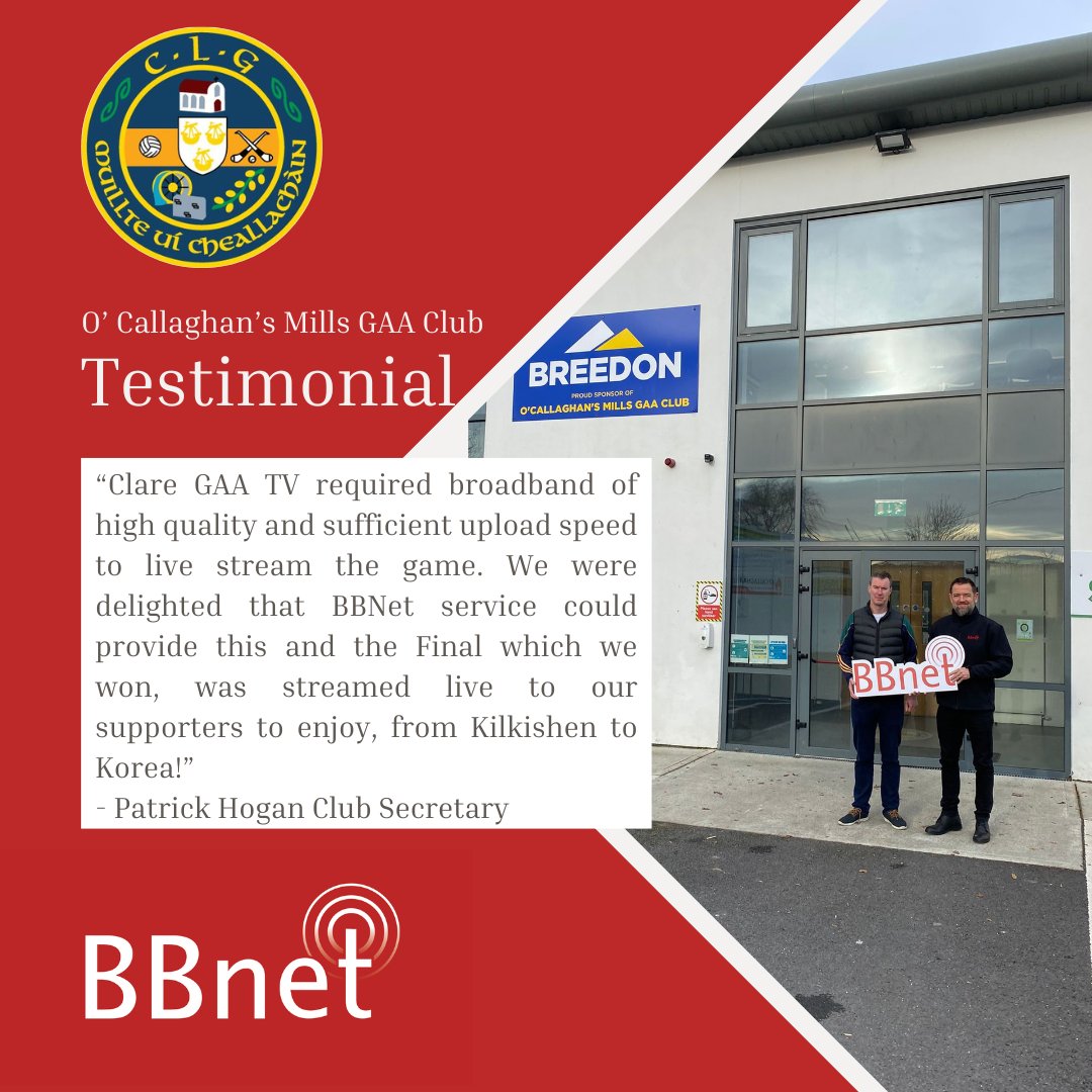 Snippet of the glowing testimonial from @ocmillsgaa 
Our BBnet services powered Clare GAA TV's live stream of the Final, bringing the victory celebration to supporters from Kilkishen to Korea! 📷
Full testimonial on our website soon!
#BBnetConnect #Testimonial #HighSpeedInternet